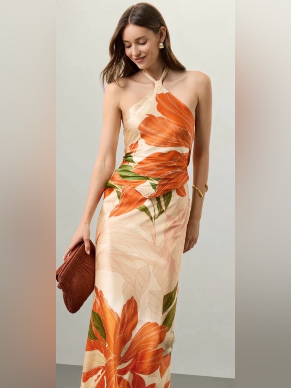 Retrofete Cream Maxi Dress with Orange Floral Print